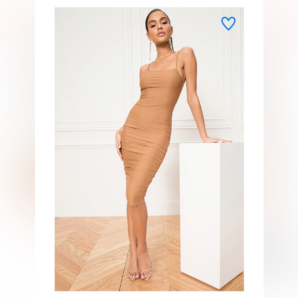 Superdown Yovanna Midi Dress Rushed Bottom in Taupe Nude Brown Slinky S EUC